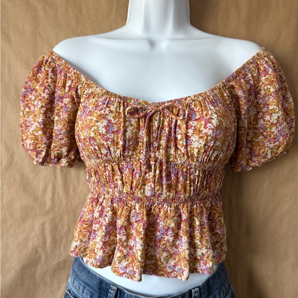 Self esteem floral off shoulder festival crop in XS. Orange purple and tan